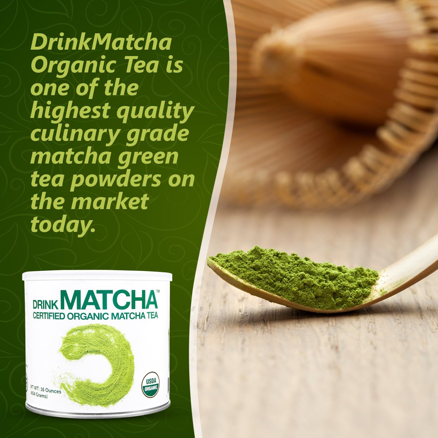DrinkMatcha Organic Matcha Green Tea Powder 1 LB 100% Pure Matcha | Nothing Added | Perfect for Lattes, Smoothies, Baking (16 Ou