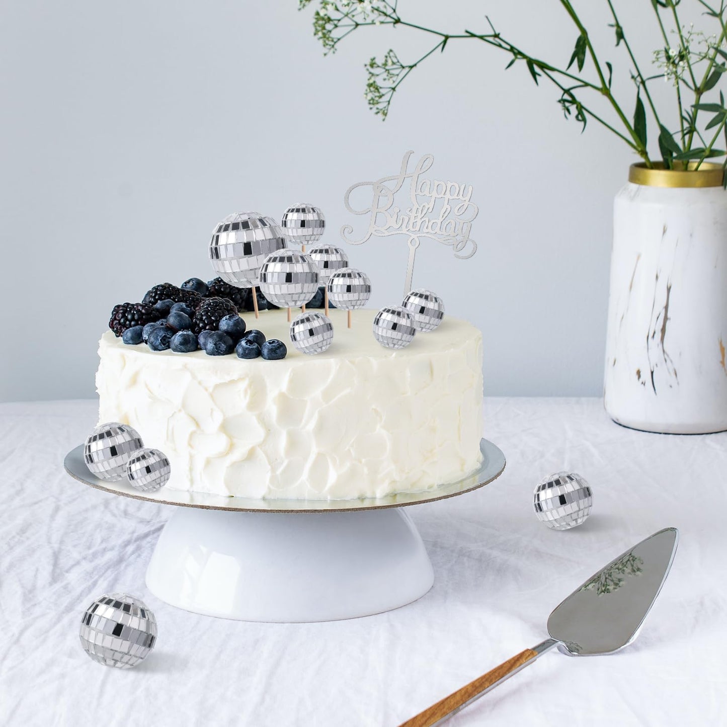 PEUTIER 31pcs Disco Ball Cupcake Toppers, Silver, Includes Happy Birthday Sign, for 70s Disco Theme Party, Model 04109