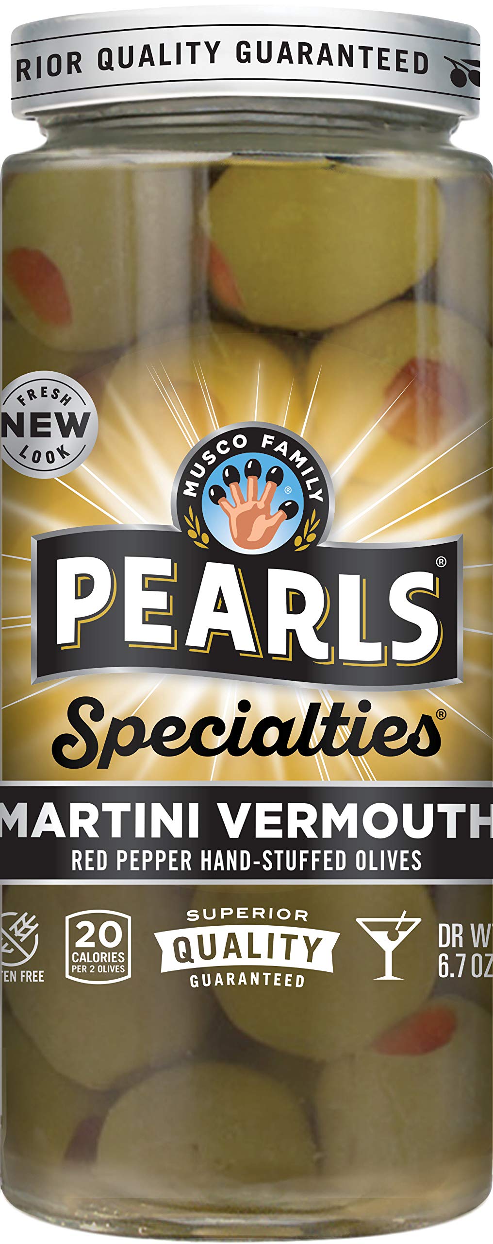 PEARLS Martini with Vermouth Pimiento Stuffed Queen Olives, Pack of 6, 6.7 oz Jars, Red