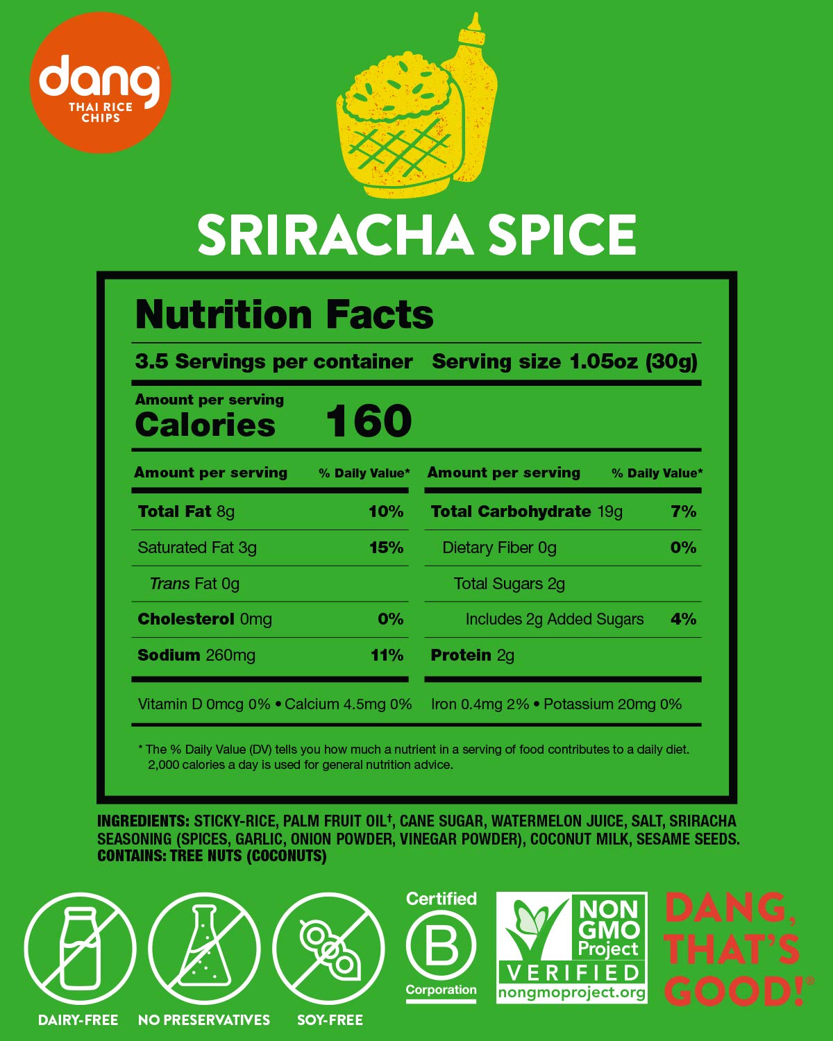 DANG Rice Chips, Sriracha Spice, Vegan & Gluten Free, 3.5 Oz Resealable Bags, 4 Pack