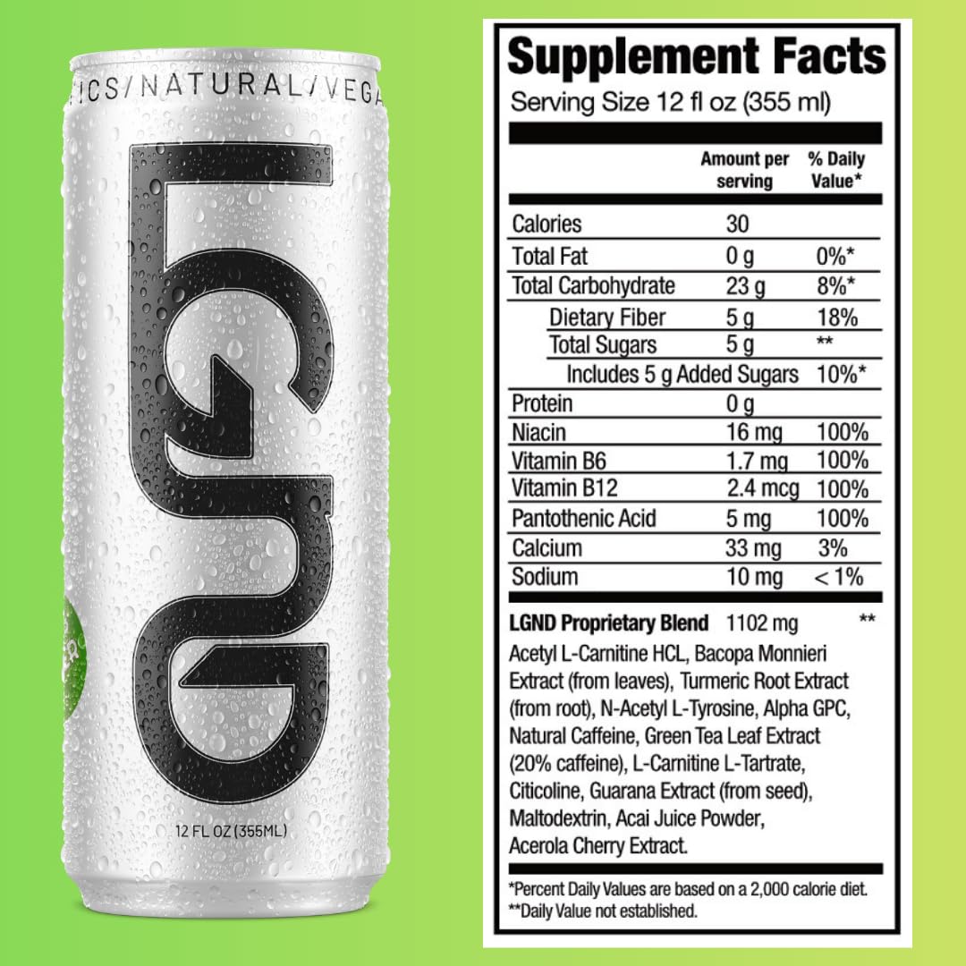 LGND Nootropic Energy Drink - Low-Calorie, Ginger Citrus & Turmeric, 12 Fl Oz Cans, 12-Pack, White/Gold