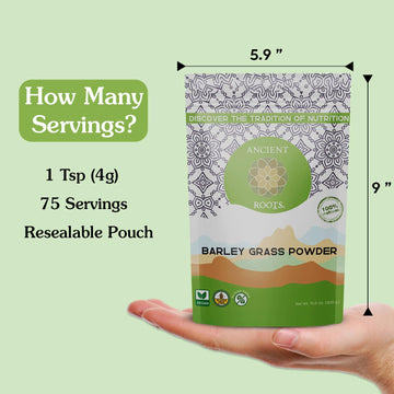 Ancient Roots Barley Grass Powder - 100% Pure, Non-GMO, Gluten-Free - 10.5 oz Resealable Bag