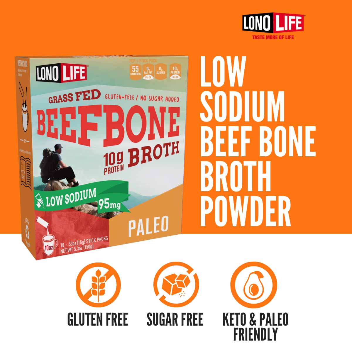 Lonolife Low Sodium Beef Bone Broth Powder Mix | Grass-Fed, 10G Protein | Collagen-Rich, Keto & Paleo Friendly | Natural Ingredi
