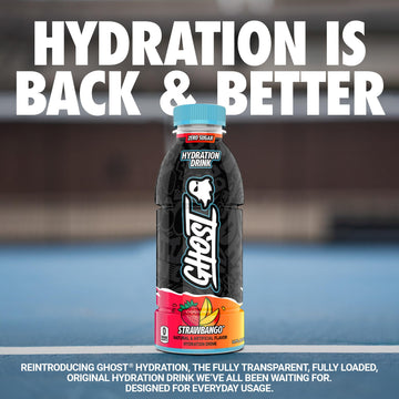 GHOST Hydration Drink, Strawbango - RTD Sports Drink with Electrolytes, 16.9 Fl Oz, Pack of 12, Zero Caffeine & Sugars