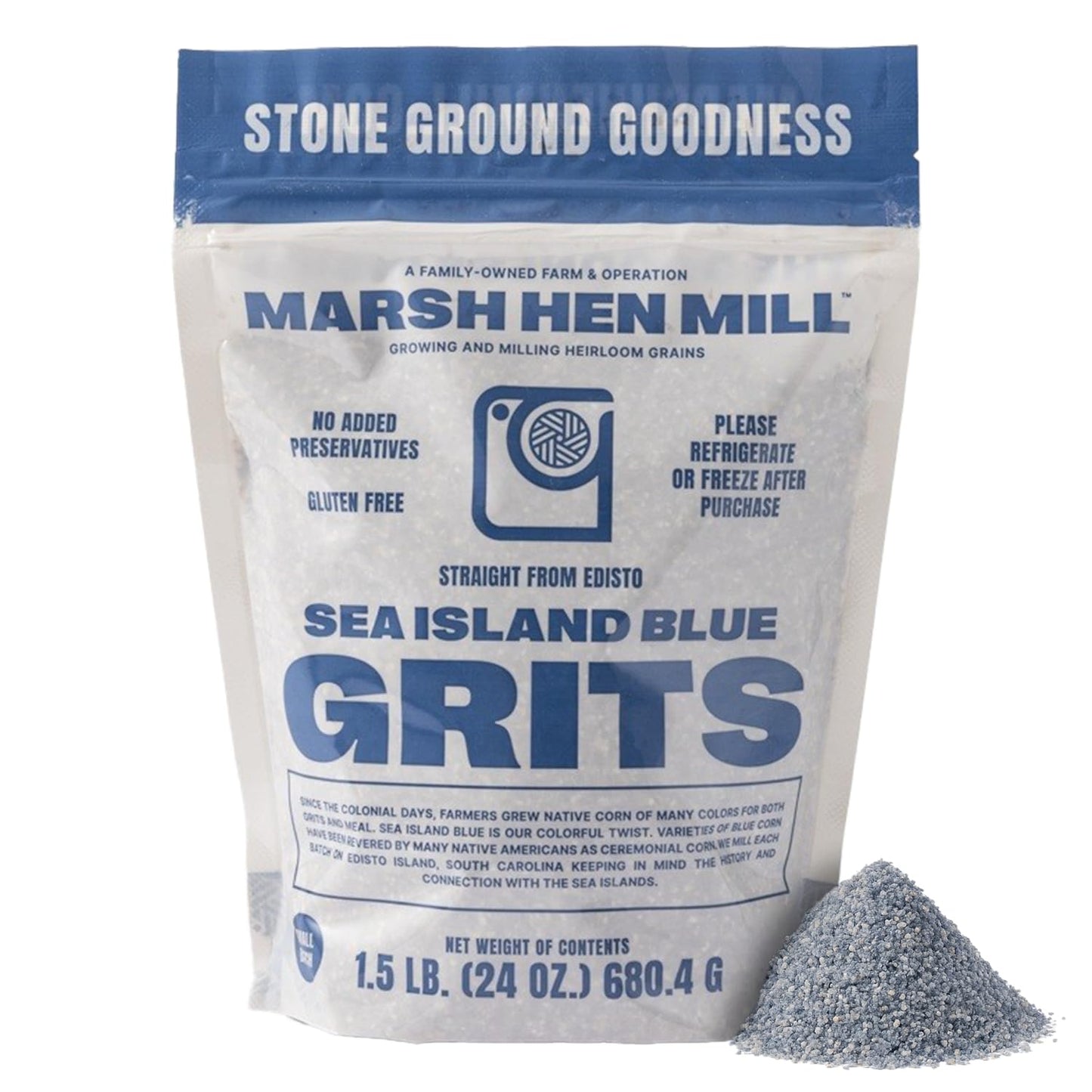 Marsh Hen Mill Sea Island Blue Grits | Stone Ground Grits | Gluten Free Old Fashioned Grits | Southern Heirloom Corn Grits With A Hearty Fruity Nutty Flavor | 100% Natural | 24 Oz (Pack Of 1)