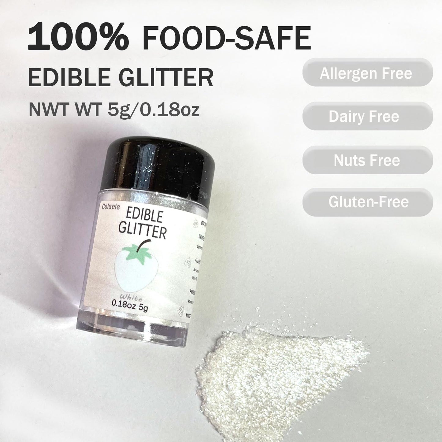 Colaele White Edible Glitter Powder - Food-Grade Luster Dust for Baking, 5g