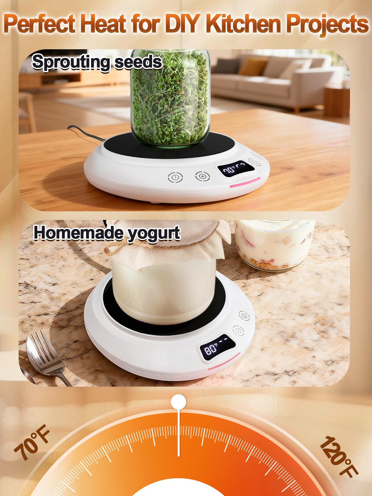 Sourdough Starter Warmer Kit - Precise 1F Temperature (70~120F Range) & 0~24H Timer Control Dough Heating Mat with 2 Thermometer