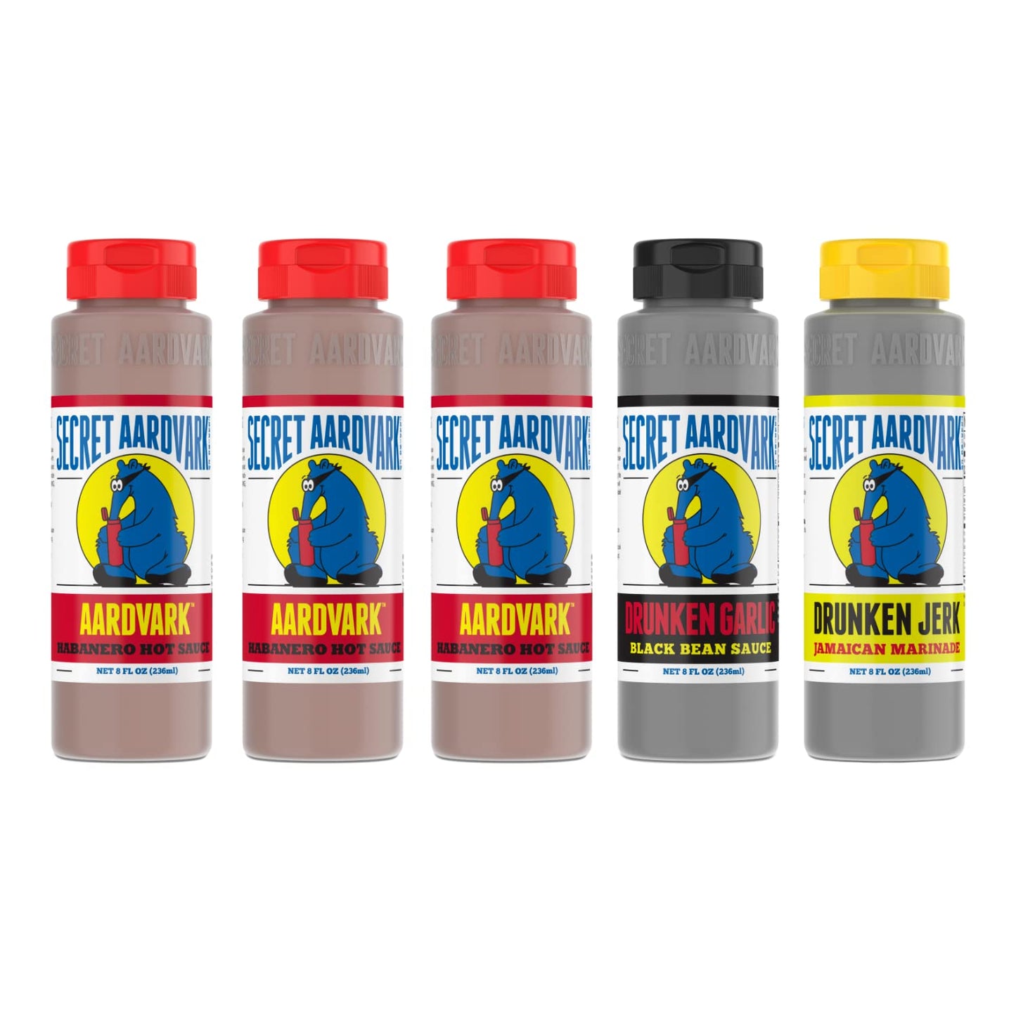 Secret Aardvark Hot Sauce Variety Pack - Drunken Jerk, Drunken Garlic, Habanero - 8 fl oz (Pack of 5)