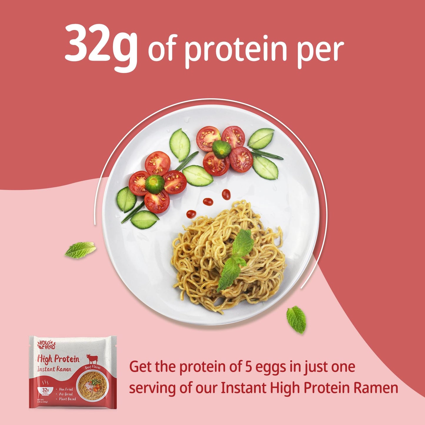 Volo Vero High Protein (32G) Instant Ramen Noodles Spicy Beef    Flavor Soup, 8 Pack, Plant-Based, Low Carb, Air-Dried, Non-Frie