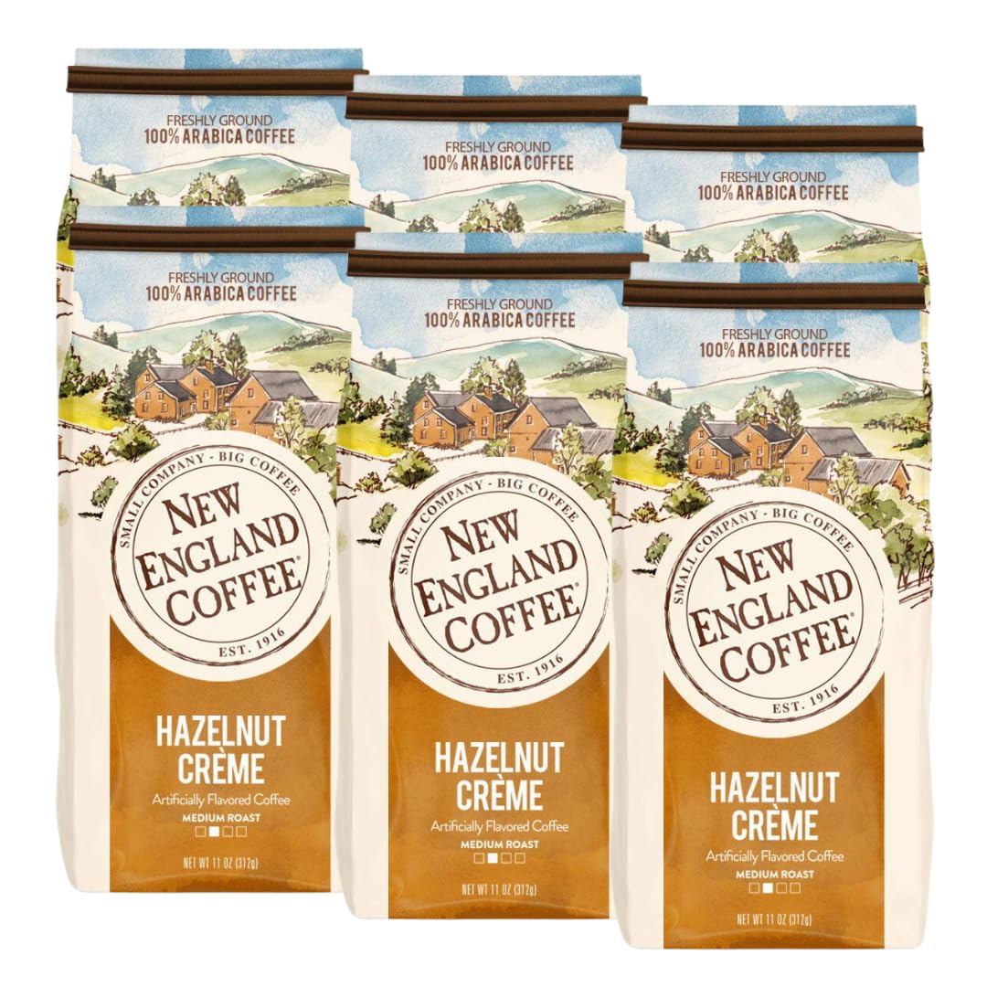New England Coffee Hazelnut Crme Medium Roast Ground Coffee, 11Oz Bag (Pack Of 6)