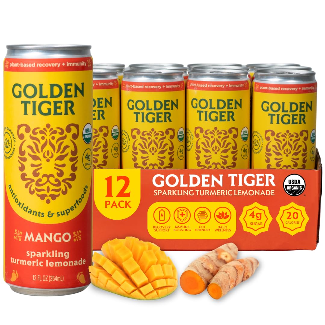 Golden Tiger Turmeric Sparkling Lemonade Mango - Curcumin & Flavor Blendger For Inflammation - Organic Wellness Drink With Superfoods & Antioxidants For Recovery Immunity Gut Health - 4G Sugar 20 Calories (12-Pack)