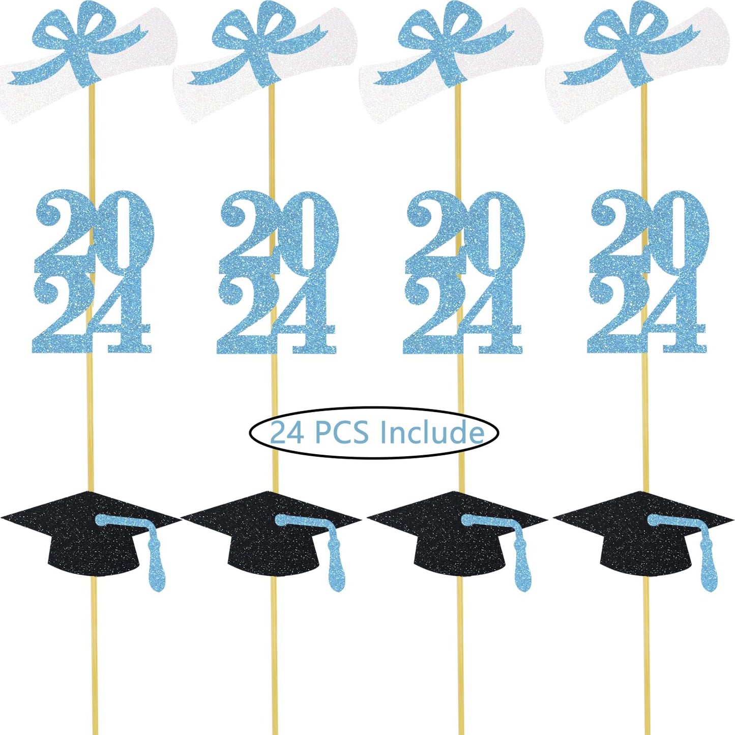Graduation Cupcake Toppers Grad Party Decoration Food Picks Congrats Glitter Diploma Cap School Colors Supplies 24 Pcs Light Blu