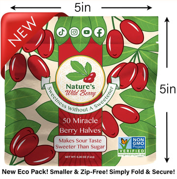 Nature's Wild Berry Miracle Berries - 50 Flavor-Changing Halves, Resealable Pack, Freeze-Dried in USA, Turns Sour to Sweet, Shark Tank Featured
