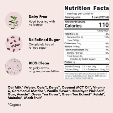 Pop & Bottle Oat Milk Lattes, Matcha with Reishi & Maitake, Dairy Free, 8 Fl Oz (Pack of 12)
