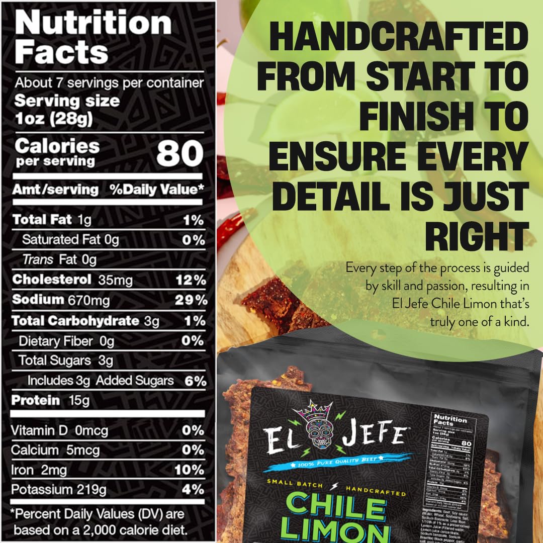 El Jefe Beef Jerky Chile Limon 7Oz - Authentic Mexican Style Hispanic Slab Jerky Hand-Crafted In Small Batches For Bold And Zest