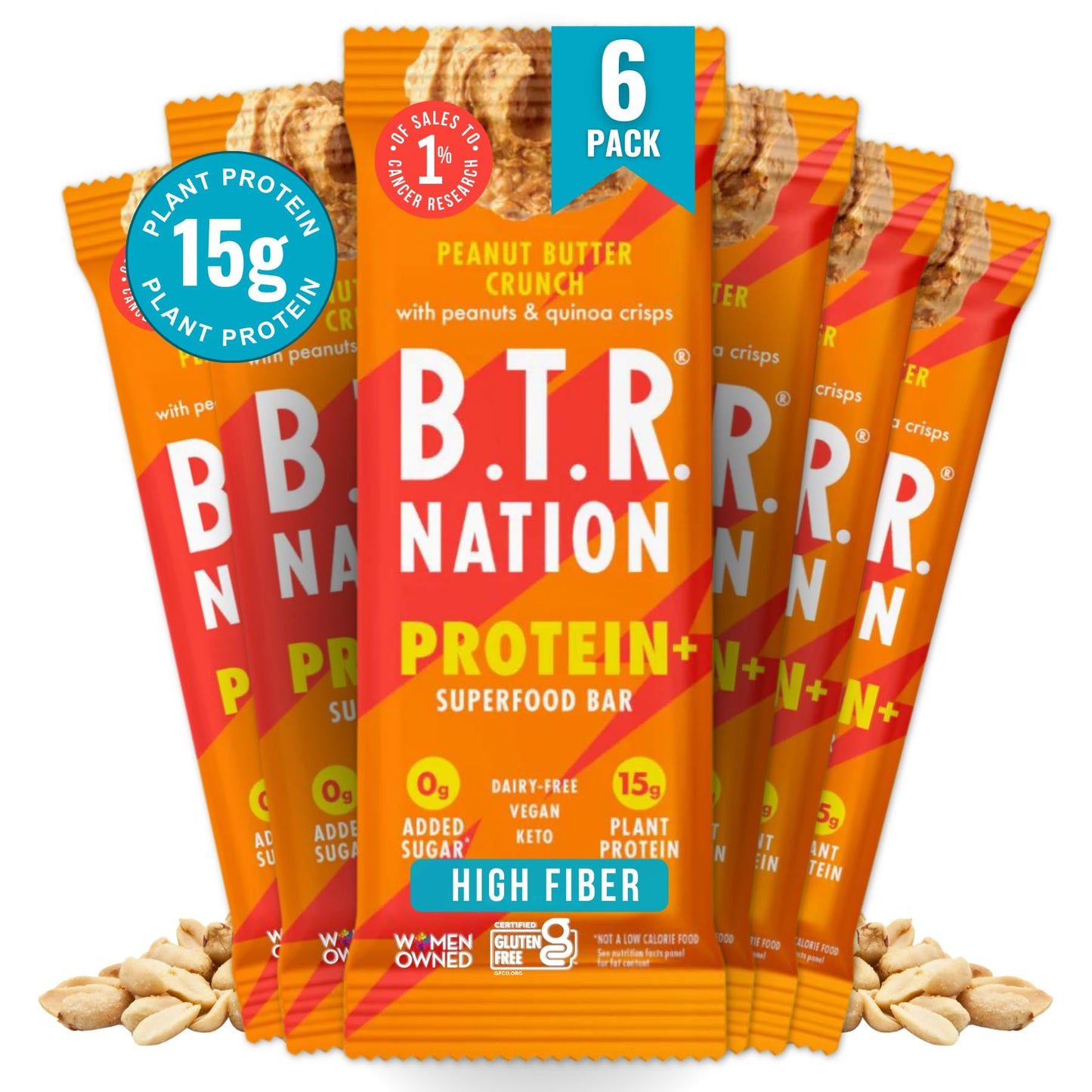 B.T.R Nation Vegan Keto Plant Based High Protein & HIgh Fiber Bars - Peanut Butter Crunch Protein+ | 6 Bars | Low Carb & GF, Fre