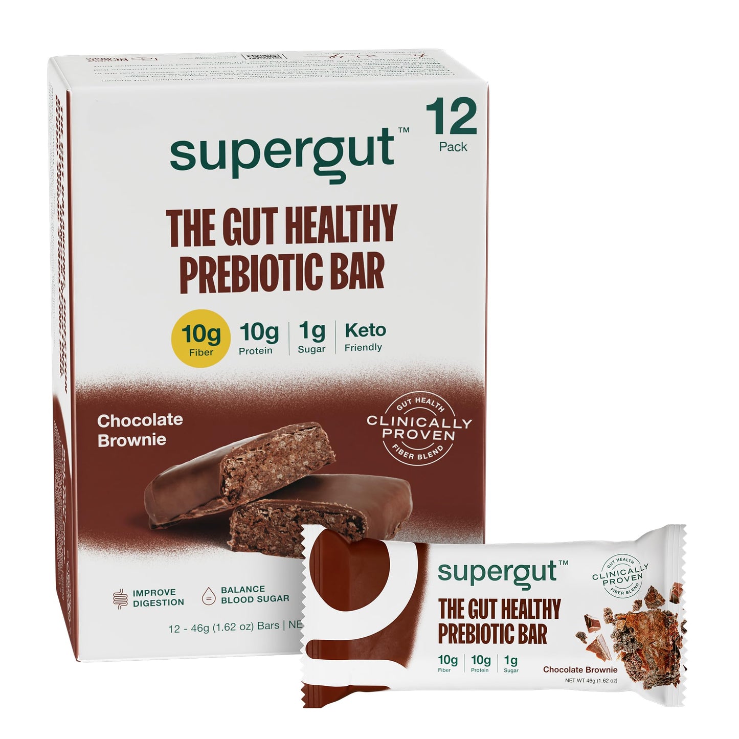 Supergut Glp-1 Boosting Prebiotic Bars, Chocolate Brownie - Gut Healthy Protein Snacks & Breakfast Bars - Keto-Friendly Meal Replacement Energy Bars (12 Count)