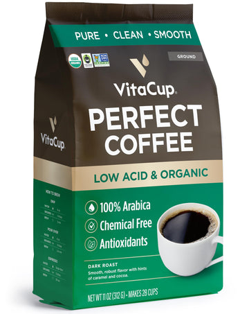 VitaCup Perfect Low Acid Coffee Ground USDA Organic & Fair Trade Mycotoxin Free Dark Roast Guatemala Single Origin Clean & Pure for Drip Coffee malt-inspired and French Press 11 ounces