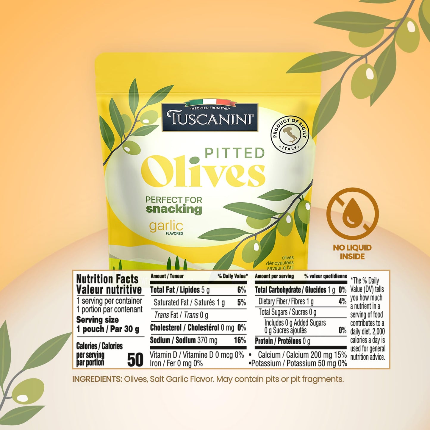 Tuscanini Italian Garlic Flavor Snack Olives, 1 Oz (10 Pack) Convenient Pitted Olive Pouches For Snacking | No Oil | Gluten Free