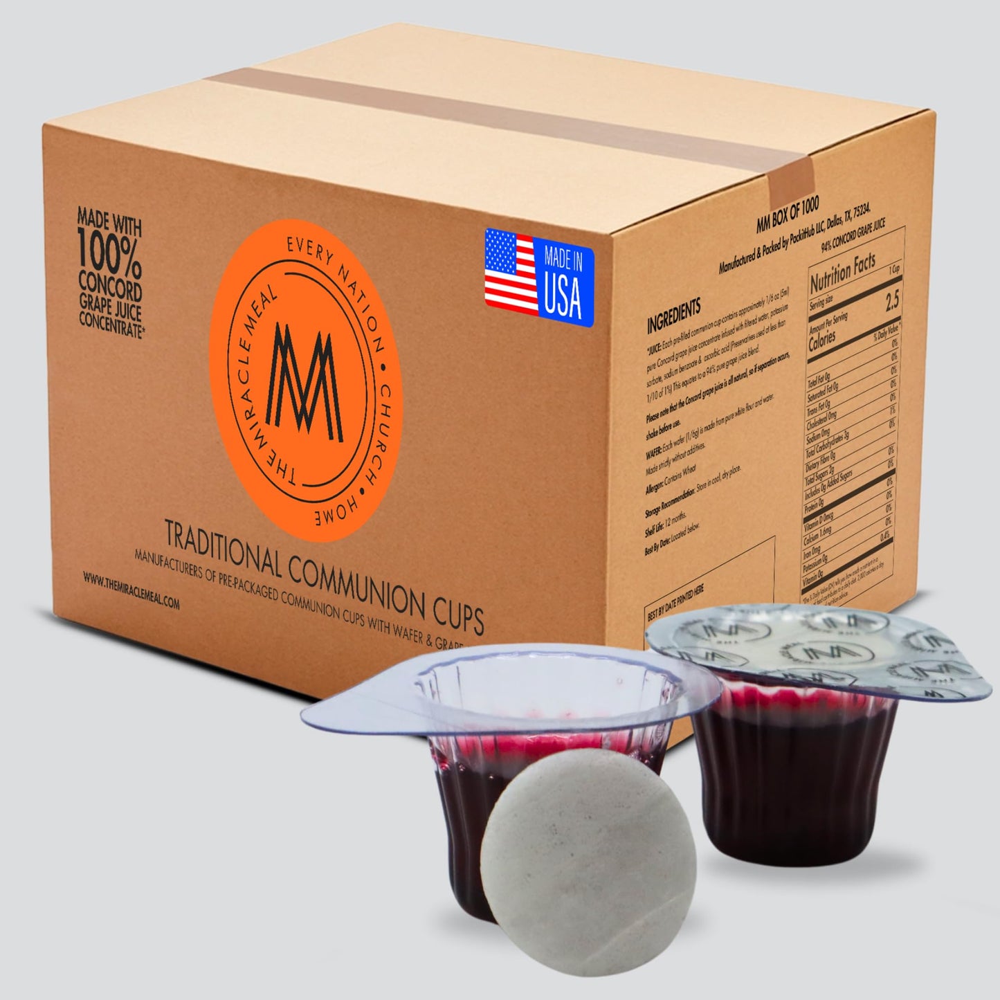 The Miracle Meal Pre-filled Communion Cups and Wafer Set - 1000 Count - Concord Grape Juice & Wafer - Ready to Serve