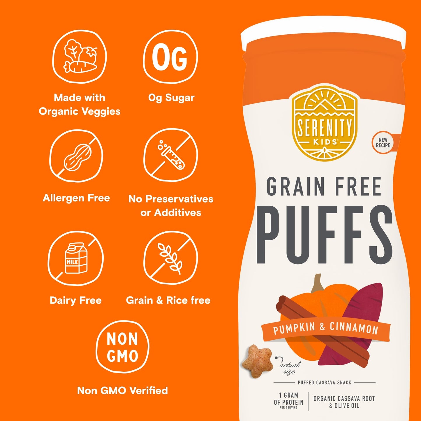 Serenity Kids 6+ Month Grain Free Puffs Toddler & Baby Snack - No Added Sugar - No Gluten or Rice - BPA & Allergen Free - With O