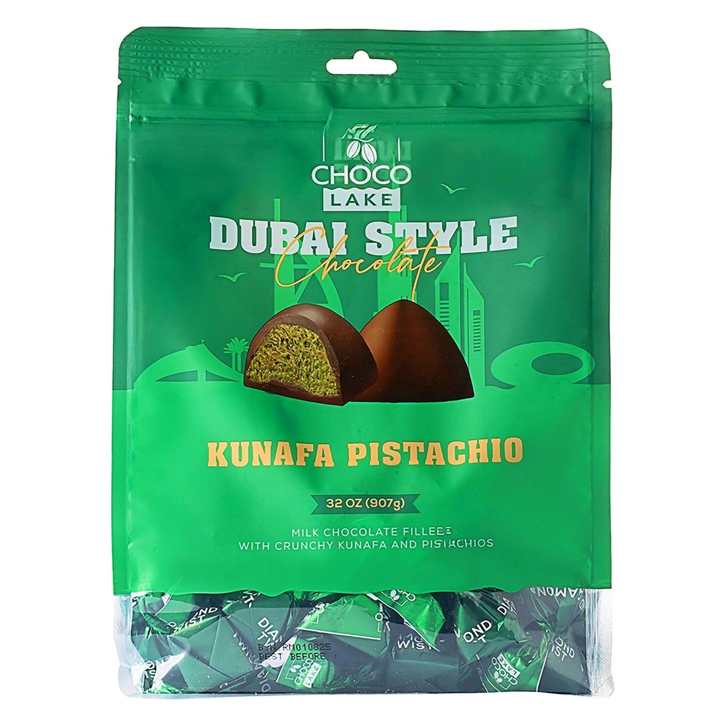 Dubai Style Milk Chocolate With Pistachio Cream & Crunchy Kunafa Filling Individually Wrapped 32 Oz