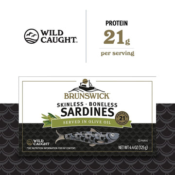 Brunswick Wild Caught Skinless And Boneless Sardines, Served In Olive Oil, 4.4 Ounce (Pack Of 6)