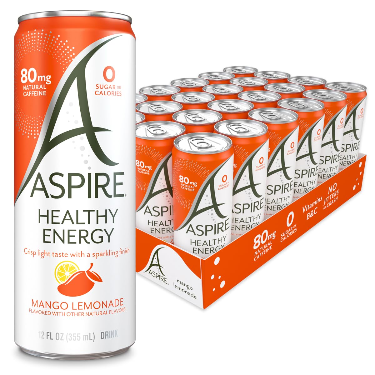 Aspire Healthy Energy Drink, Mango Lemonade, Sugar Free, 12 oz Cans, 24 Pack, Vegan, Zero Sugar, Natural Caffeine