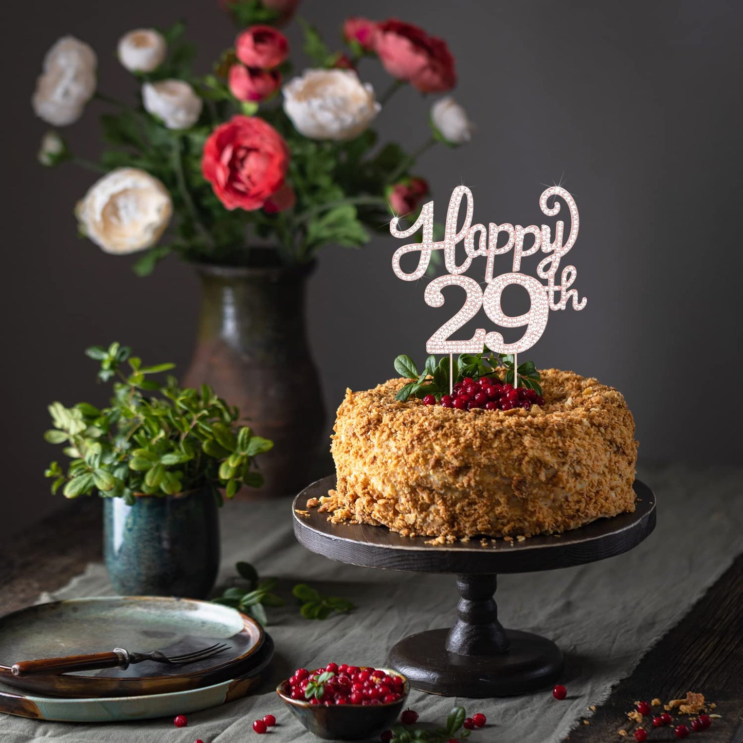Happy 29Th Birthday Rose Gold Rhinestone Cake Topper - 29Th Birthdayanniversary,Cheers To 29 Years Old Bday Party Metal Sparkly