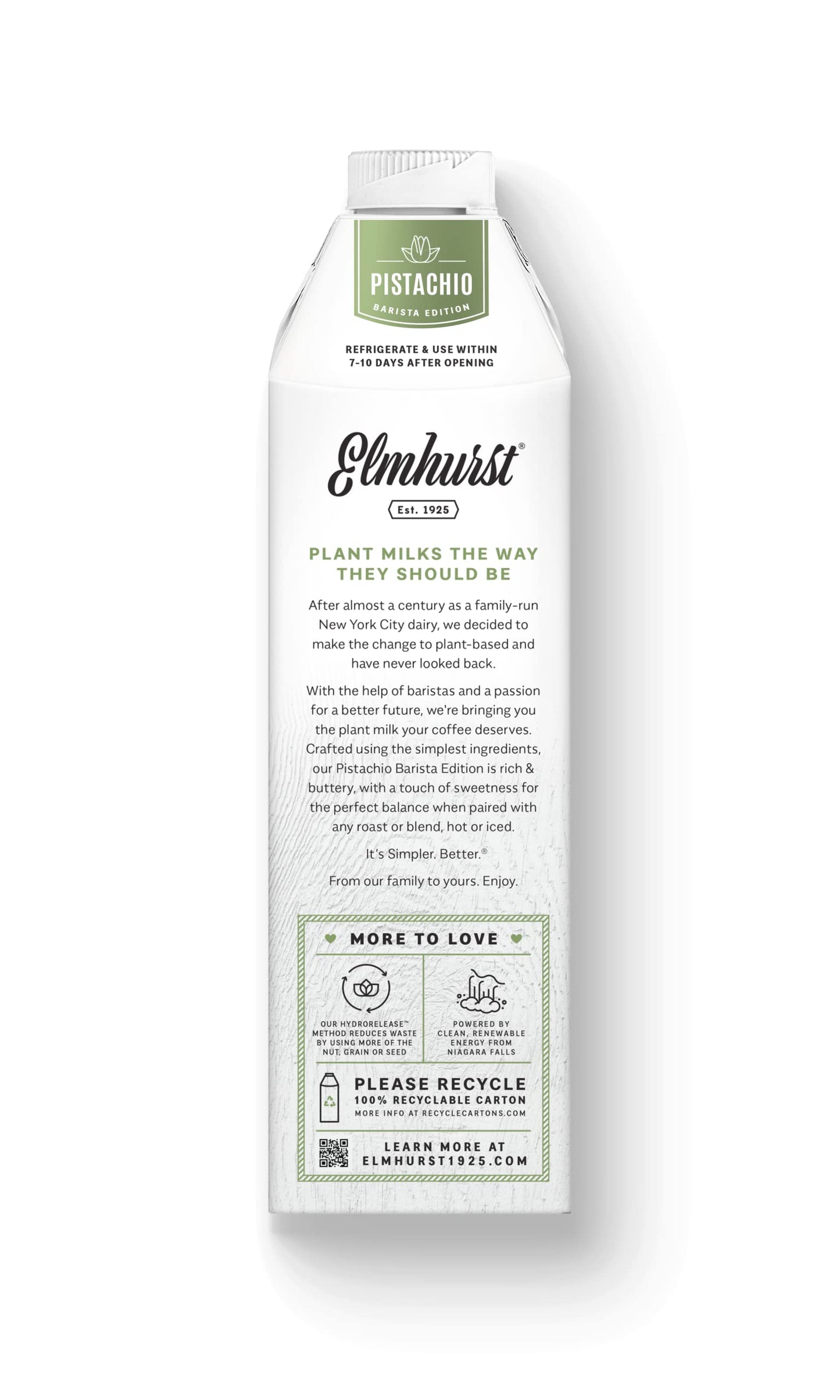 Elmhurst 1925 Barista Edition Pistachio Milk, Plant-Based, Vegan, 32 Ounce (Pack Of 6)