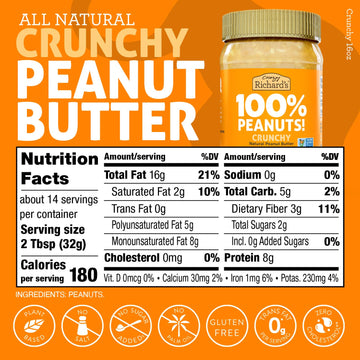 Crazy Richard'S 100% All-Natural Crunchy Vegan Peanut Butter With No Added Sugar And Non-Gmo (16 Ounce, Pack Of 2)