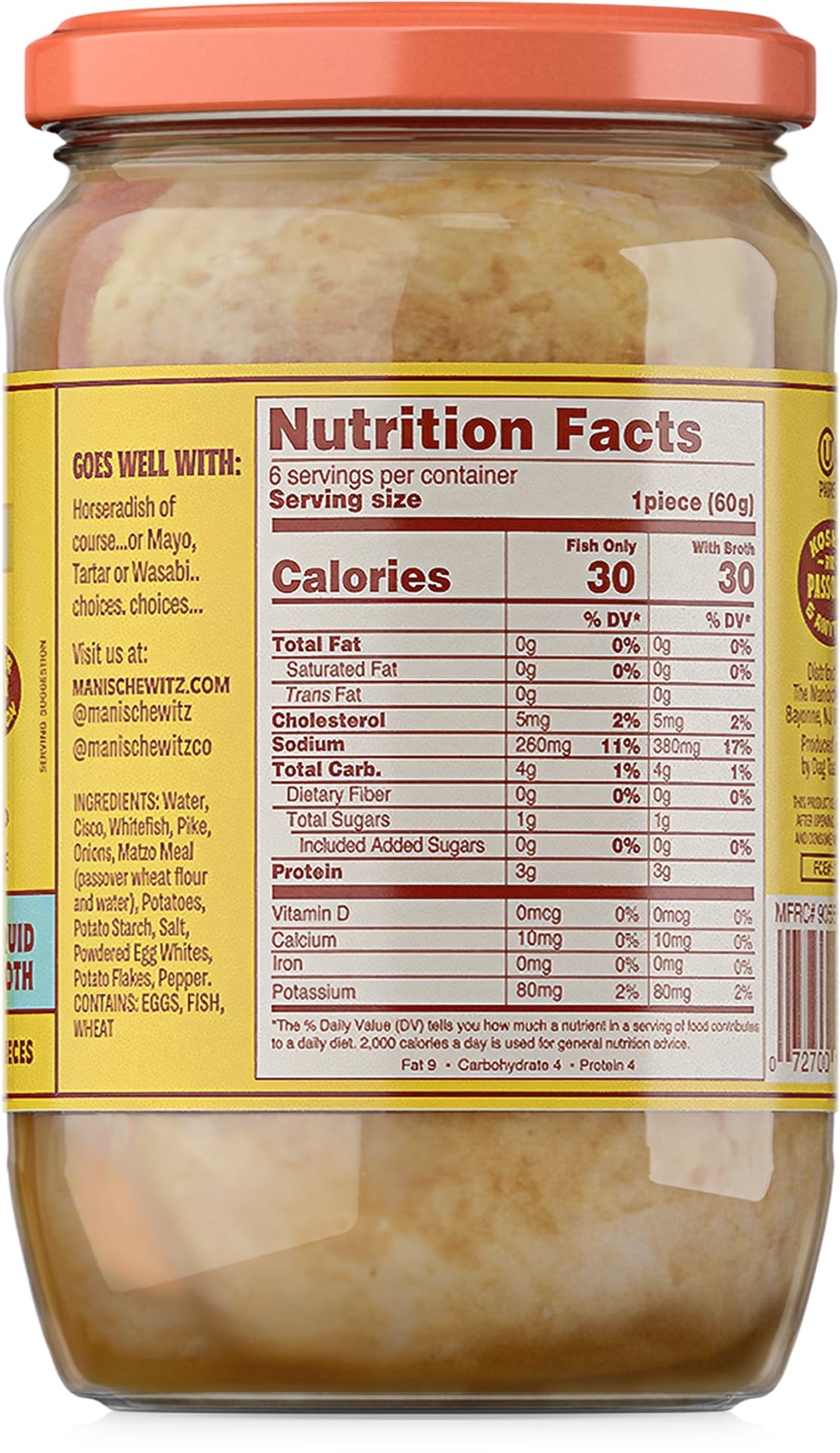 Manischewitz Whitefish & Pike Gefilte Fish In Liquid Broth 24Oz (2 Pack), All Natural, Packed With Protein, No Added Msg, Kosher