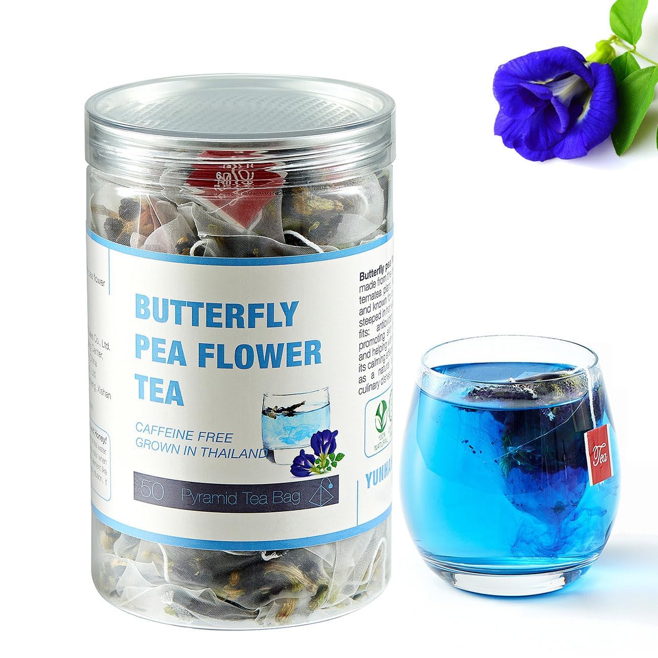 50 Dried Blue Butterfly Pea Flower Tea Bags | Thai Herbal Tea | Blue Purple Pea Tea | Energy Blend-Free Gluten-Free Non-Gmo | Ideal For Cooking Iced Tea Coolers Mixed Flavors And Mocktails
