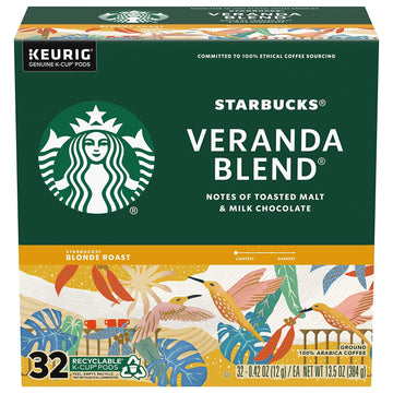 Starbucks Coffee K-Cup Pods, Veranda Blend, Blonde Roast Coffee, Notes Of Toasted Malt & Milk Chocolate, Keurig Genuine K-Cup Pods, 32 Ct K-Cups/Box (Pack Of 3 Box)
