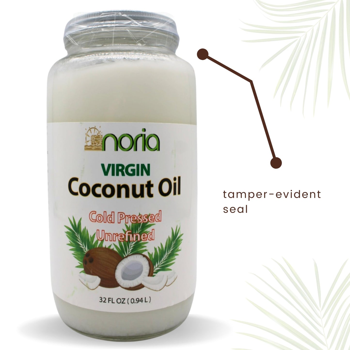 Noria Cold Pressed Virgin Coconut Oil, Unrefined, 32 Fl oz Glass Jar - Natural Health & Beauty Essential