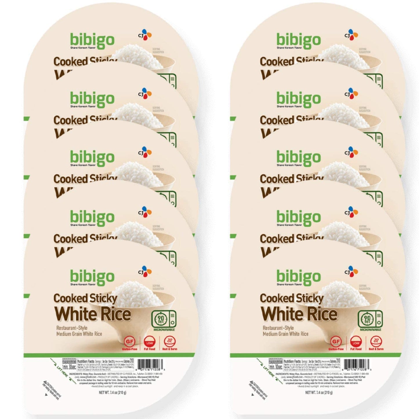 bibigo Cooked Sticky White Rice Bowls, Medium Grain, 7.4 oz, 12 ct