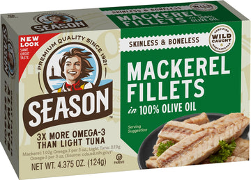 Season Mackerel in Olive Oil - Skinless & Boneless, Wild Caught, Keto Snacks, Canned Mackerel Fillets, Full of Vitamins, Low in