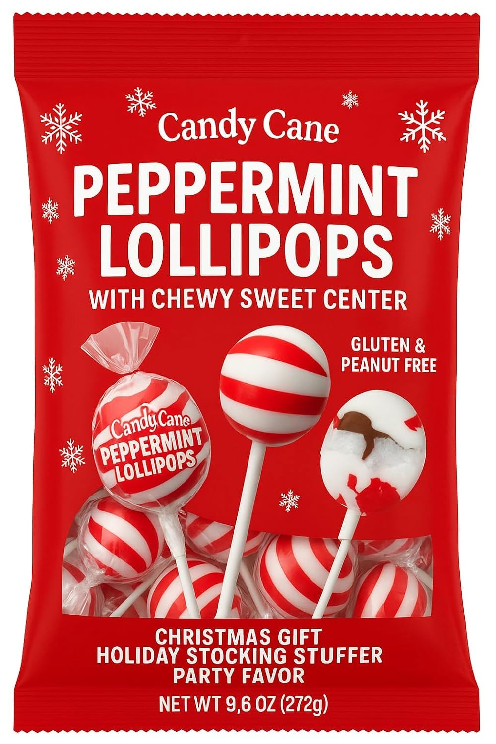 Candy Cane Peppermint Lollipop with Chewy Sweet Center - Gluten & Peanut Free - Christmas Gift Holiday Stocking Stuffer Party Fa