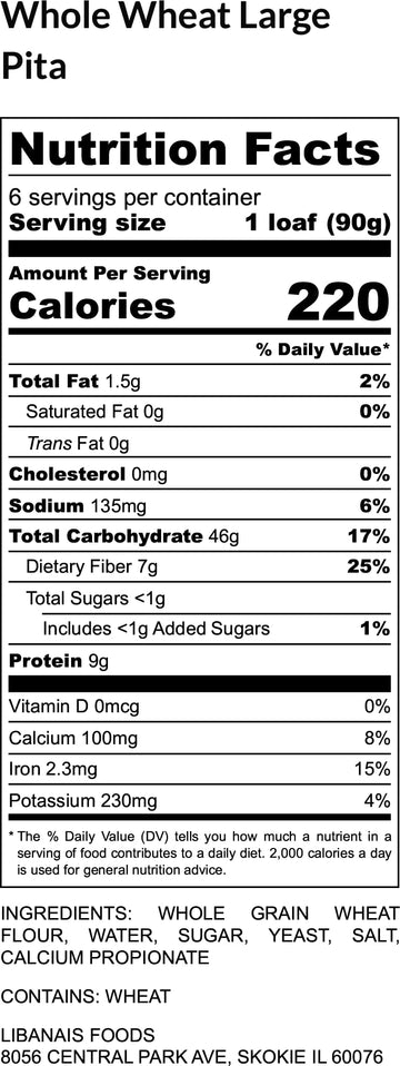 Libanais Whole Wheat Pita Bread, Vegan, Kosher, Halal, 10 inches, 3 Pack (18 Pitas) - Freshly Baked Daily