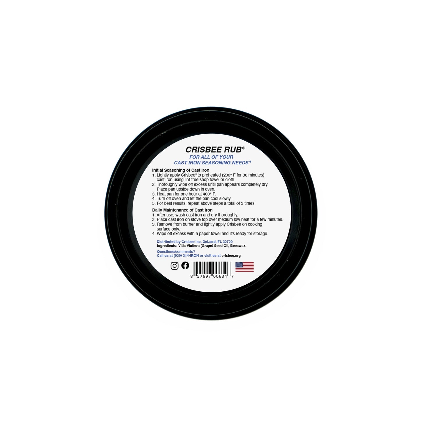 Crisbee Rub Cast Iron Seasoning Oil - 6.6 cm - Made in USA - Non-Stick Sreduceet Conditioner