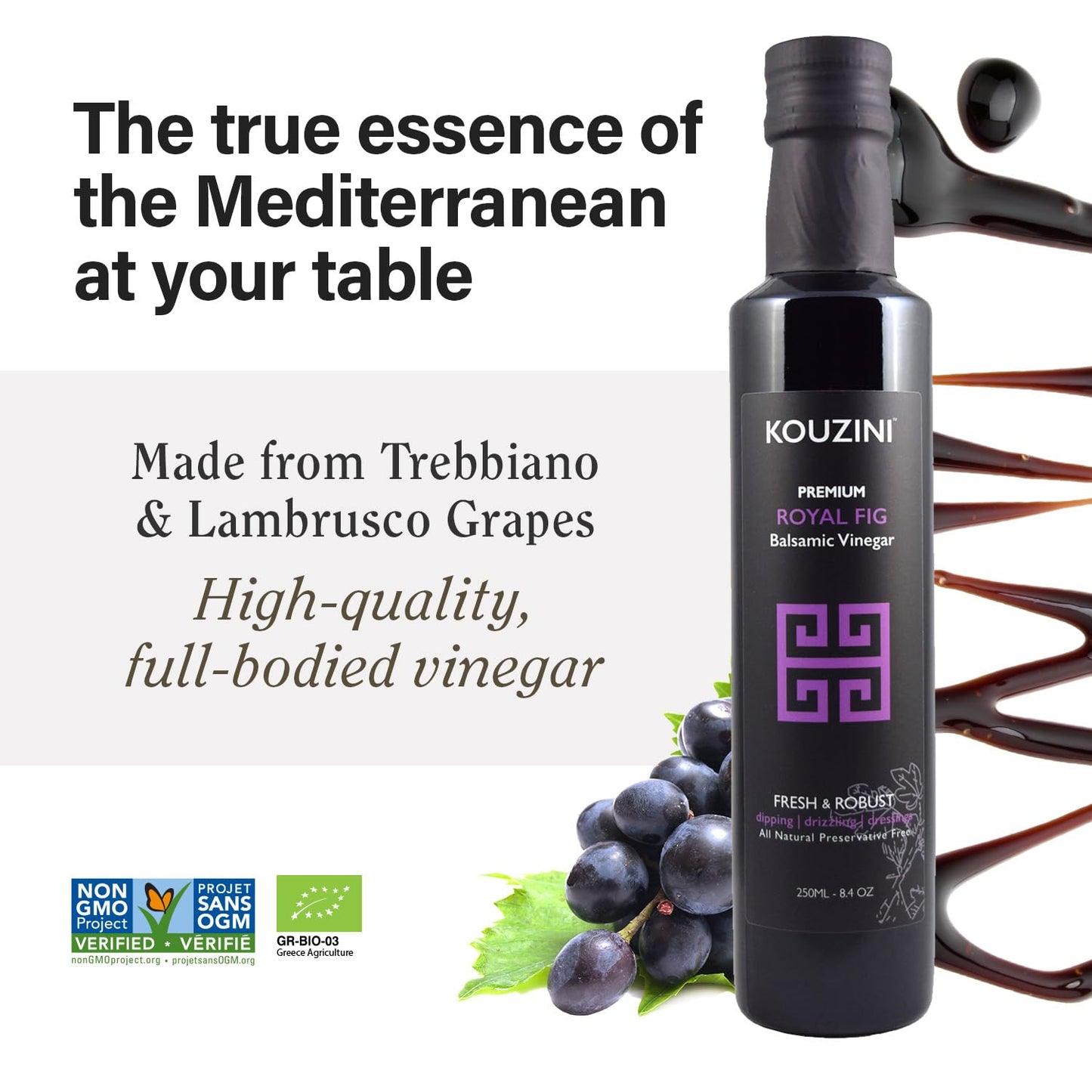 Kouzini Ultra Premium Royal Fig Balsamic Vinegar, Aged Balsamic Vinegars From Modena, Italy, Premium, Smooth & Full-Bodied Flavor, 250Ml Bottle