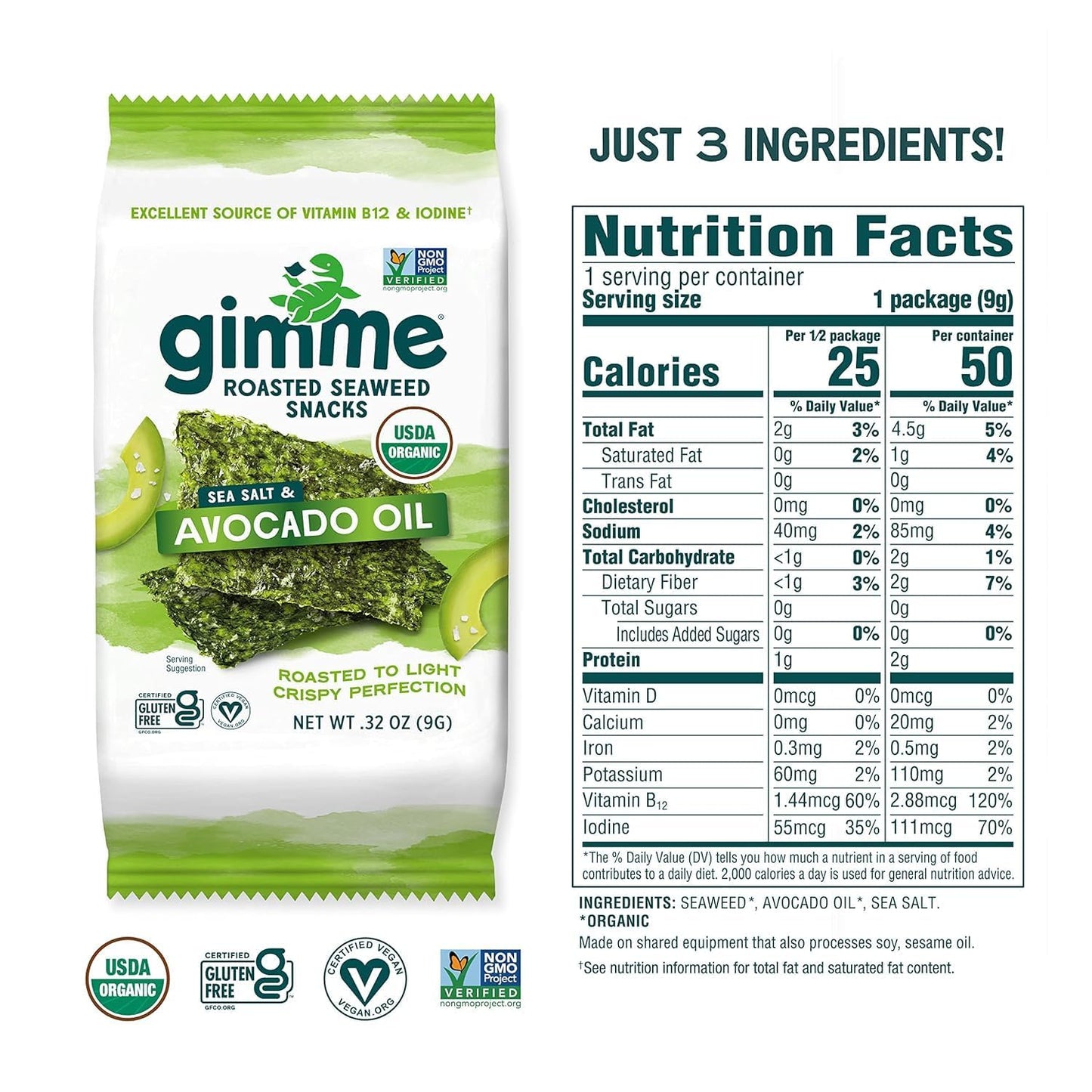 gimMe Organic Roasted Sea Snacks, Sea Salt & Avocado Oil, 0.32 Ounce, Keto, Vegan, Gluten-Free, Healthy Snack