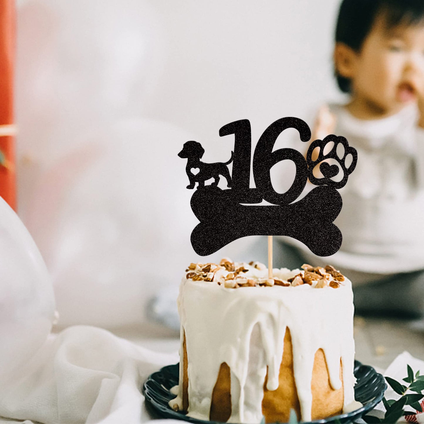 ZHUOWEISM 16th Birthday Cake Topper Black Glitter Dog Paw Design Paper Decoration for Kids Party Supplies