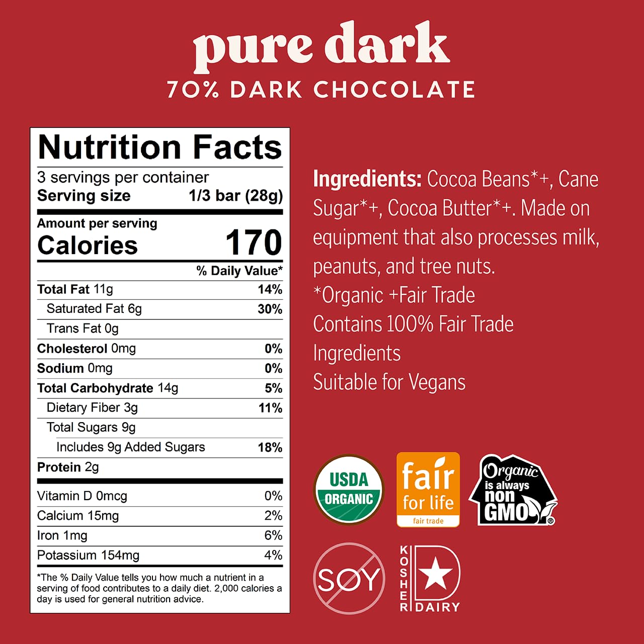 Theo Chocolate Pure Organic Dark Chocolate Bar, 70% Cacao, 12 Pack | Vegan, Fair Trade