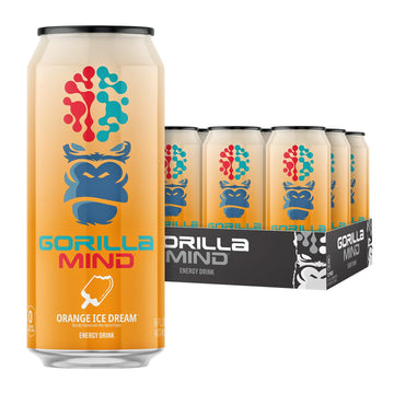 Gorilla Mind Energy Drink | Unmatched Energy Amplified Focus | N-Acetyl-L-Tyrosine Alpha-GPC 200mg Caffeine Uridine Saffron | 0 Sugar Or Artificial Colors | 16oz 12-Pack (Orange Ice Dream)