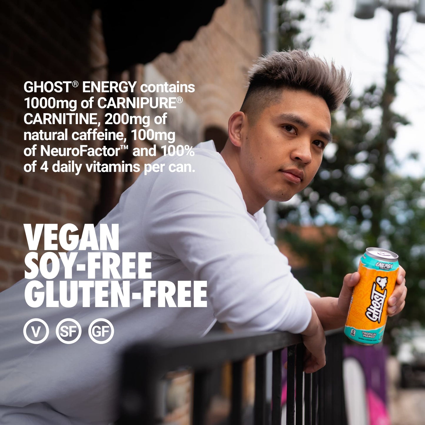 GHOST Energy Drink - 12-Pack Tropical Mango 16oz Cans - Energy & Focus & No Artificial Colors - 200mg of Natural Caffeine L-Carnitine & Taurine - Gluten-Free & Vegan