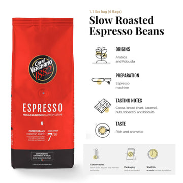 Caffe Vergnano 1882 Espresso Whole Bean Arabica Roast Coffee, 1.1 Lb Bag - Italian Medium Roast Coffee Beans With Notes Of Choco