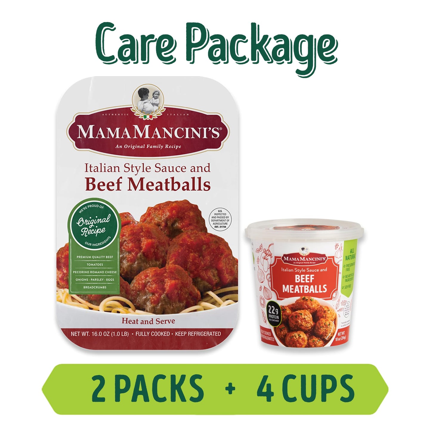 Mama Mancini'S Care Package | Beef Meatballs In Italian Style Sauce | 2 1Lb Packages And 4 Heat & Eat Cups