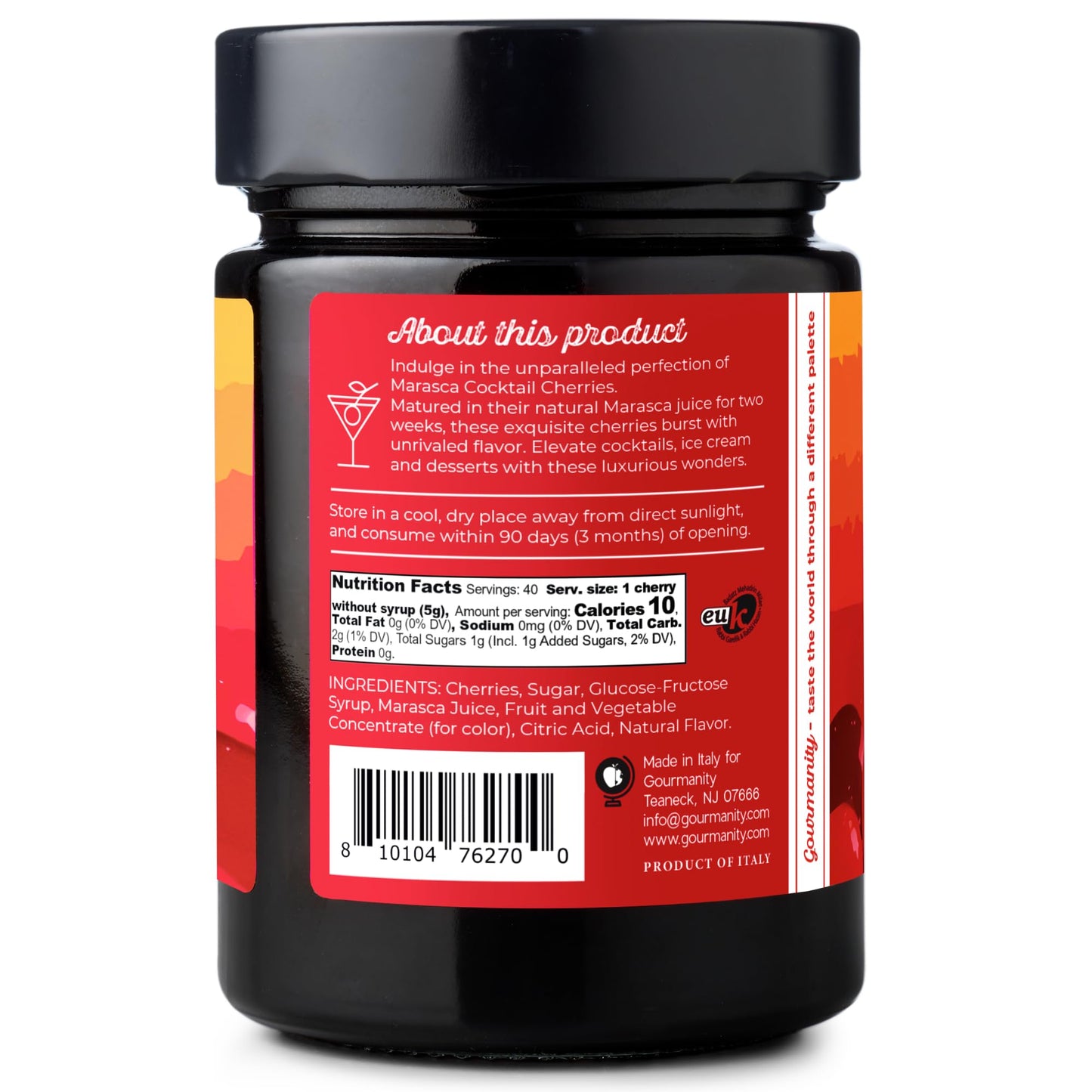 Gourmanity Cocktail Maraschino Cherries Made from Italian Grown Marasca Cherries. Use in Manhattan Old Fashioned and Desserts (14.1oz Jar)