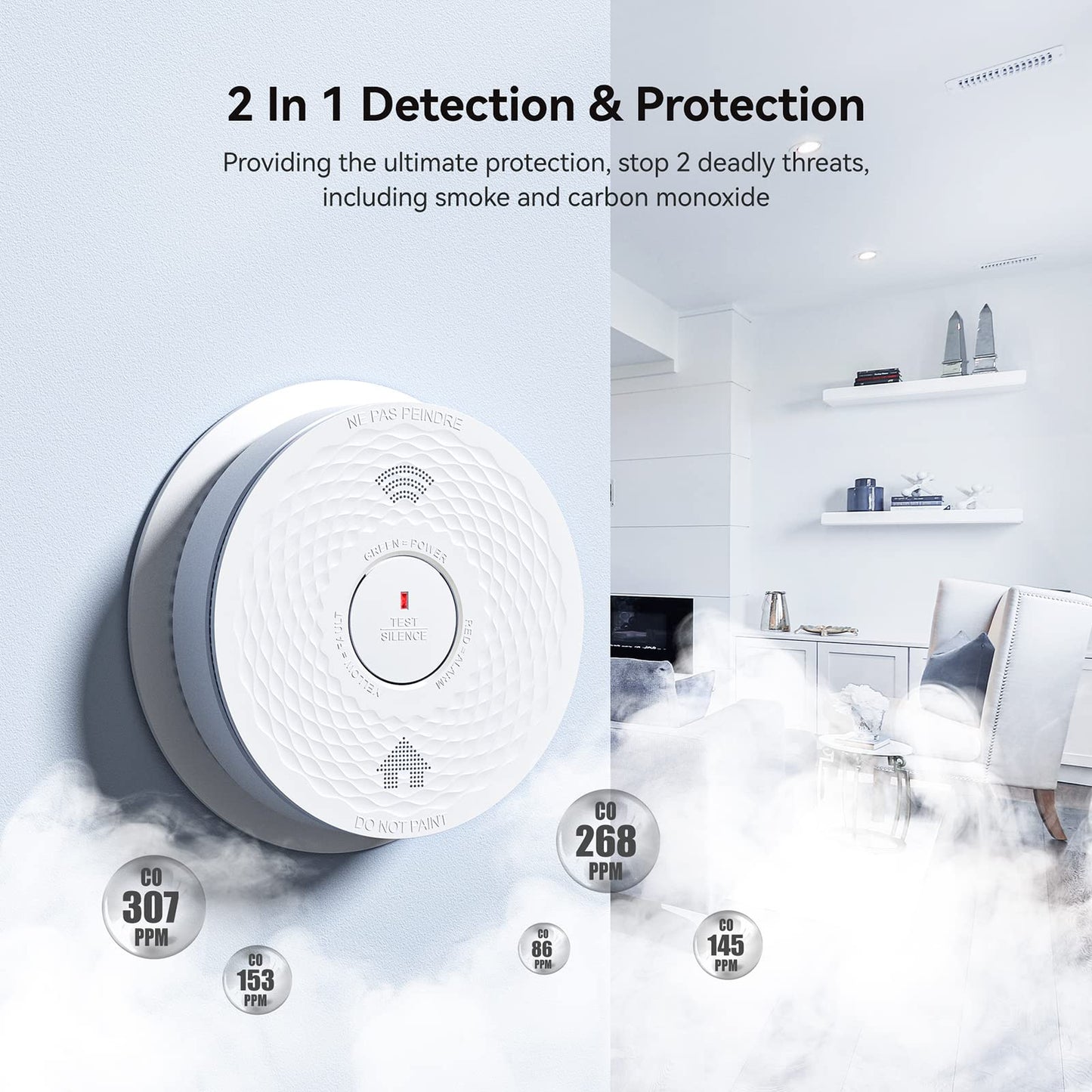 Siterlink Smoke And Carbon Monoxide Detector Combo With Voice Alert, Dual Sensor Fire And Co Alarm With Led Light And Test Butto
